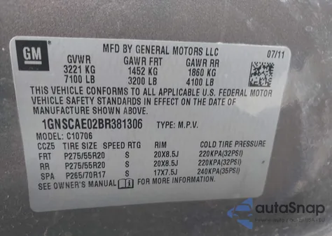 2011 Chevrolet Tahoe Ls из США, поврежденный, VIN 1GNSCAE02BR381306